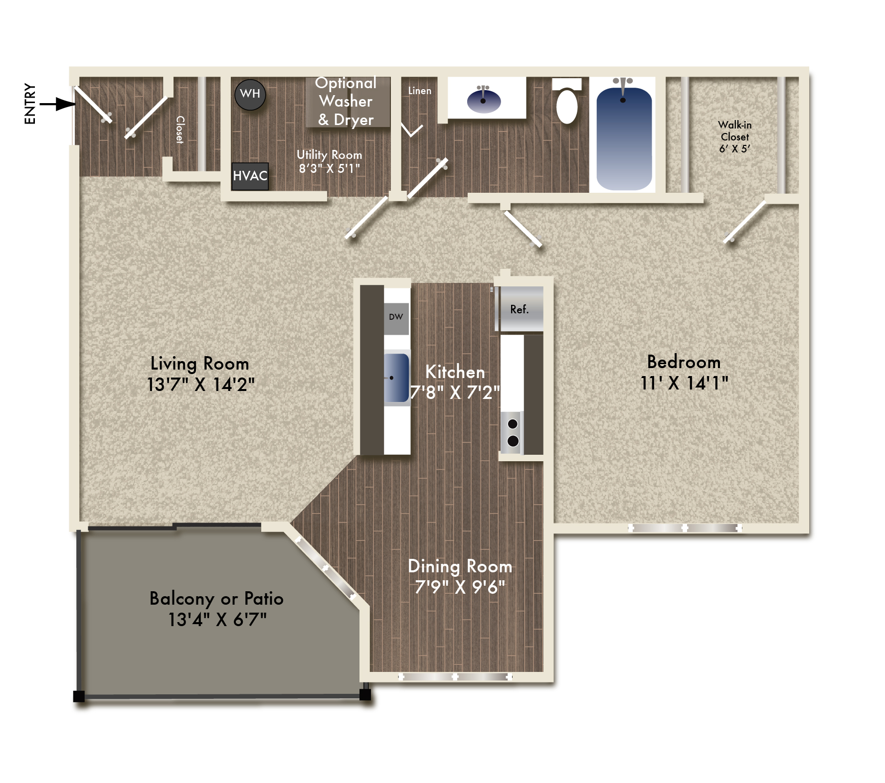 Floor plan for 1 bed, 1 bath, 780 sqft